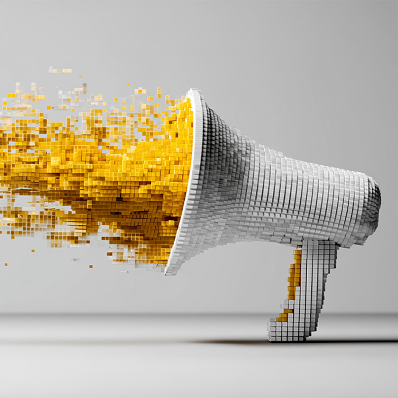 Megafon mit gelben digitalen Würfeln als Symbol für Reichweite und Kommunikation