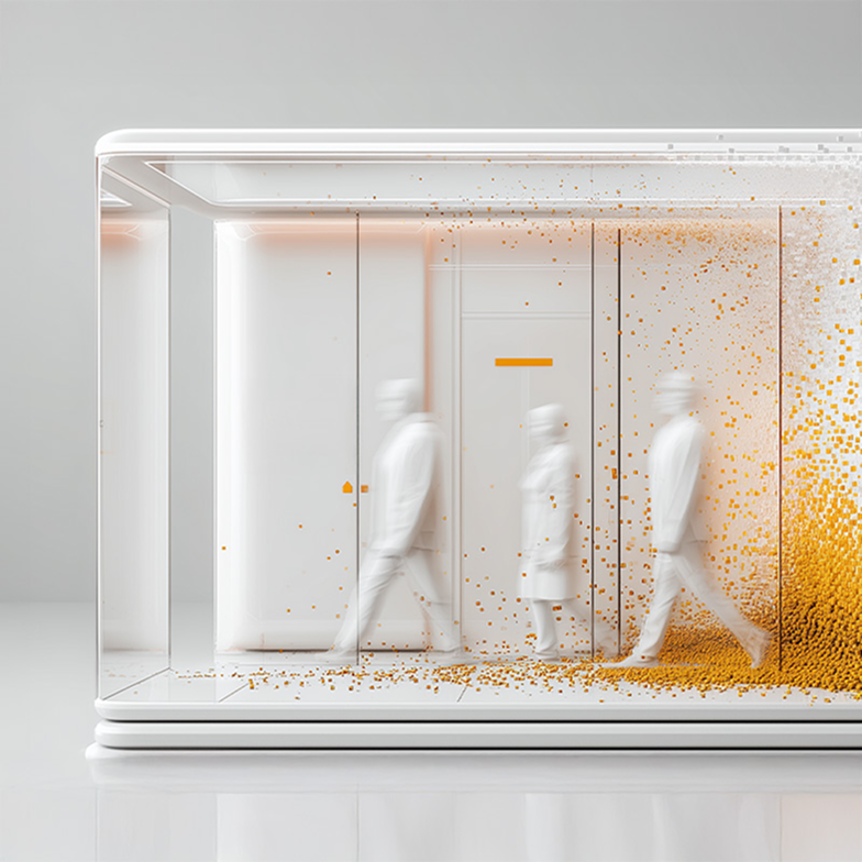 Futuristischer, transparenter Raum mit gehenden Personen, umgeben von schwebenden orangefarbenen digitalen Partikeln. Symbol für Datenfluss, Digitalisierung und moderne Arbeitswelten