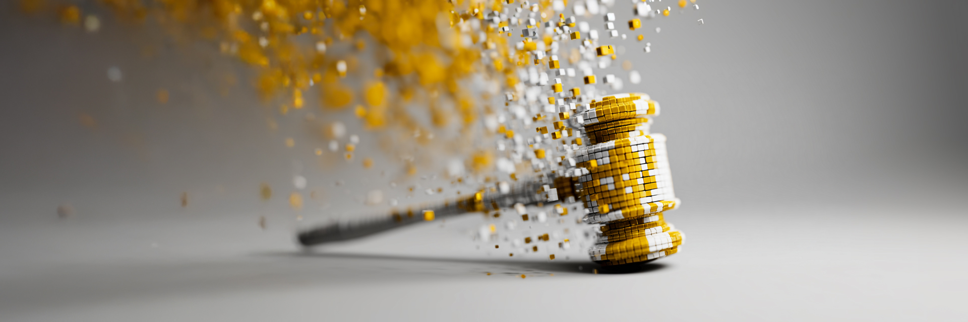 Digitaler Richthammer aus Würfeln als Symbol für Recht und Compliance