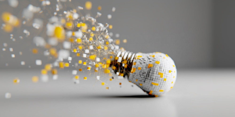 Digitale Glühbirne aus Würfeln als Symbol für Innovation