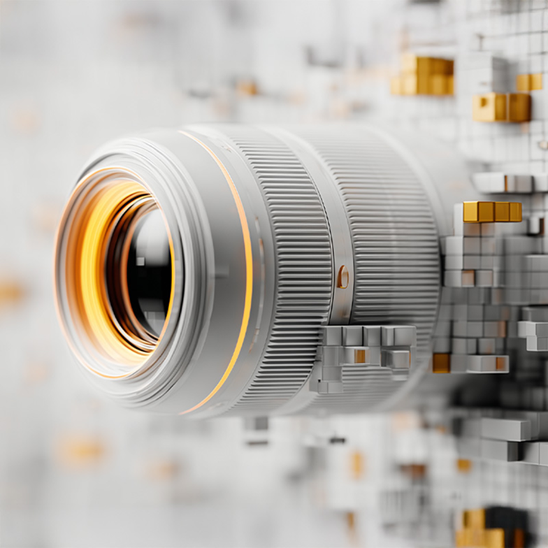 Futuristische Kamera aus Pixeln in Orange und Grau